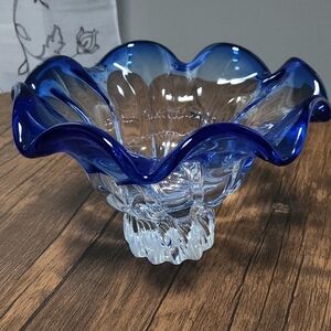 Art Deco blue fluted scalloped bowl